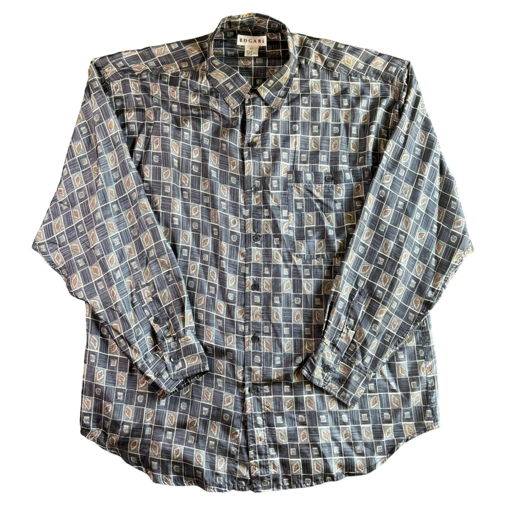 Bogari Mens 100% Silk Button‎ Up Shirt Geometric Abstract XL Blue Grey Brown